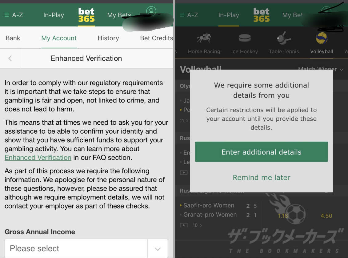 bet365からユーザーへの質問(アンケート？) → 雇用情報などを回答