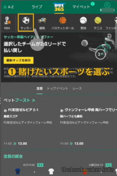 ブックメーカーでベットをする画面