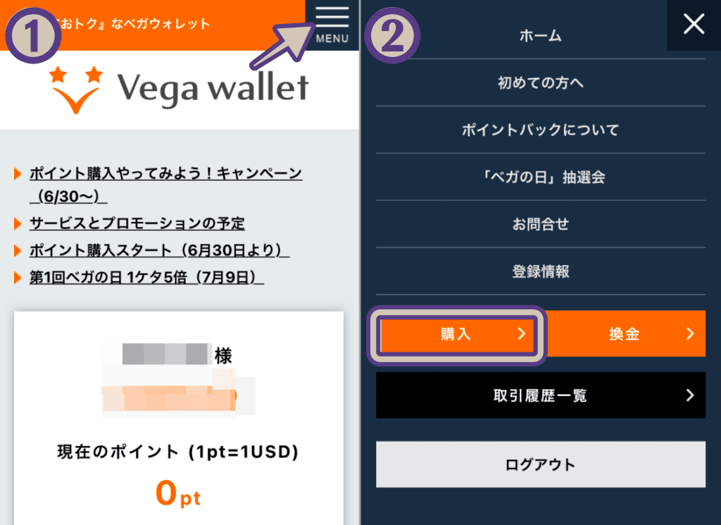 Vega wallet ポイントの購入方法