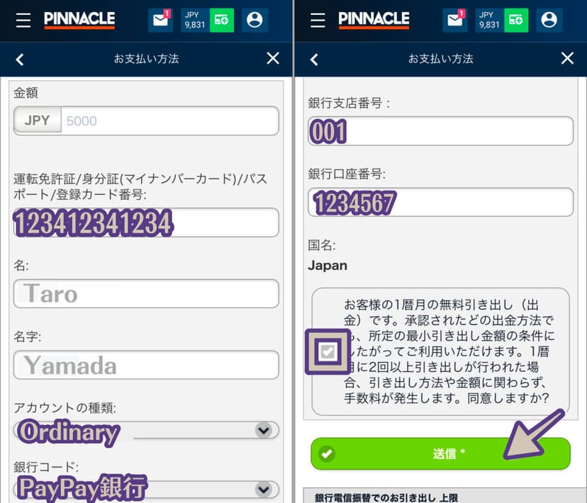 ピナクル銀行送金の出金方法、銀行情報の登録