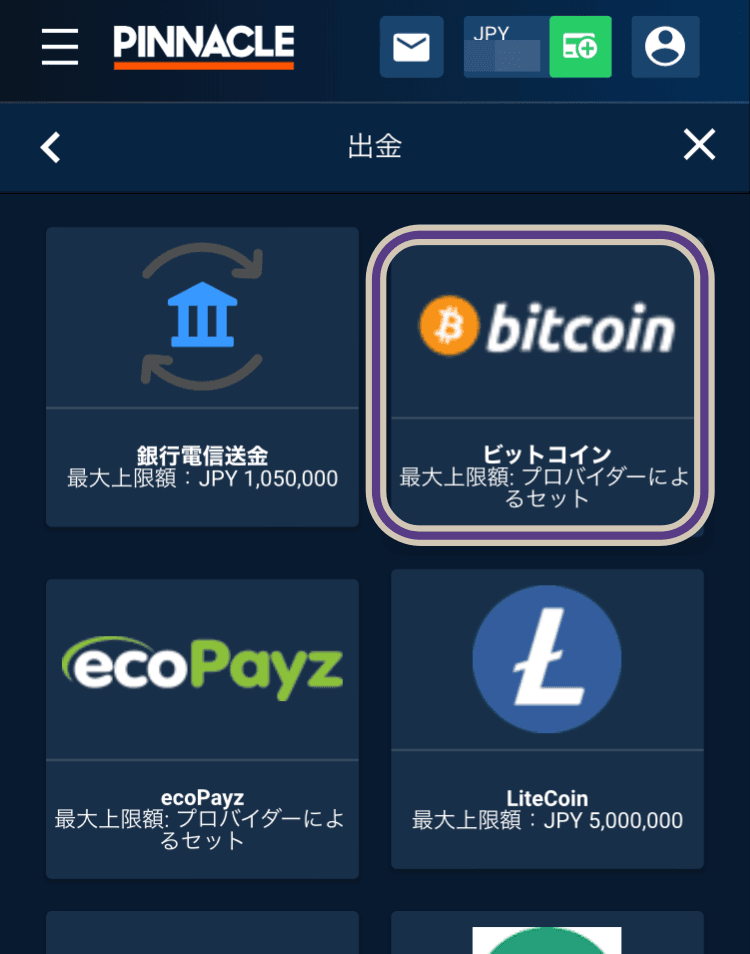 ピナクルで仮想通貨出金する方法、キャッシャーでビットコインを選択