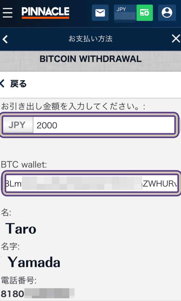 ピナクルで仮想通貨（ビットコイン）出金する方法、金額・アドレスを入力