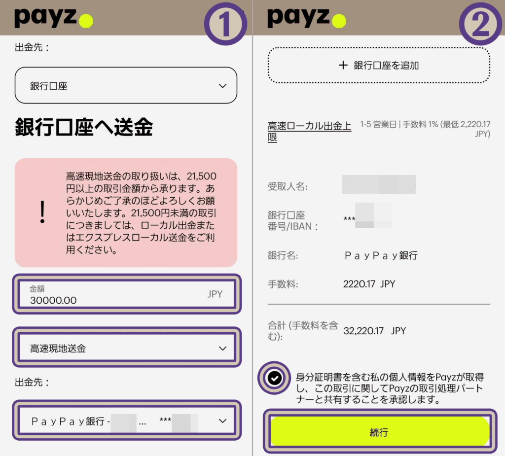 ペイズから高速現地送金で出金する手順、出金申請方法